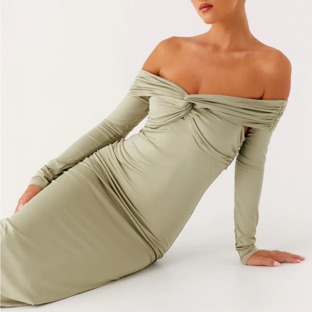 Peppermayo Off-Shoulder Long Sleeve Dress in Sage